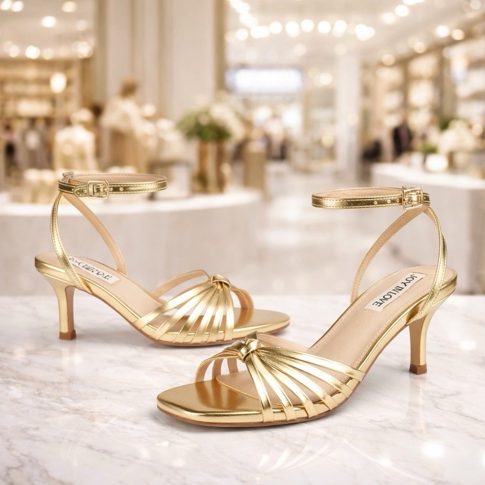 NEW Joy In Love Gold Kitten Low Ankle Strap Heeled Sandals Event Bridesmaid 9.5